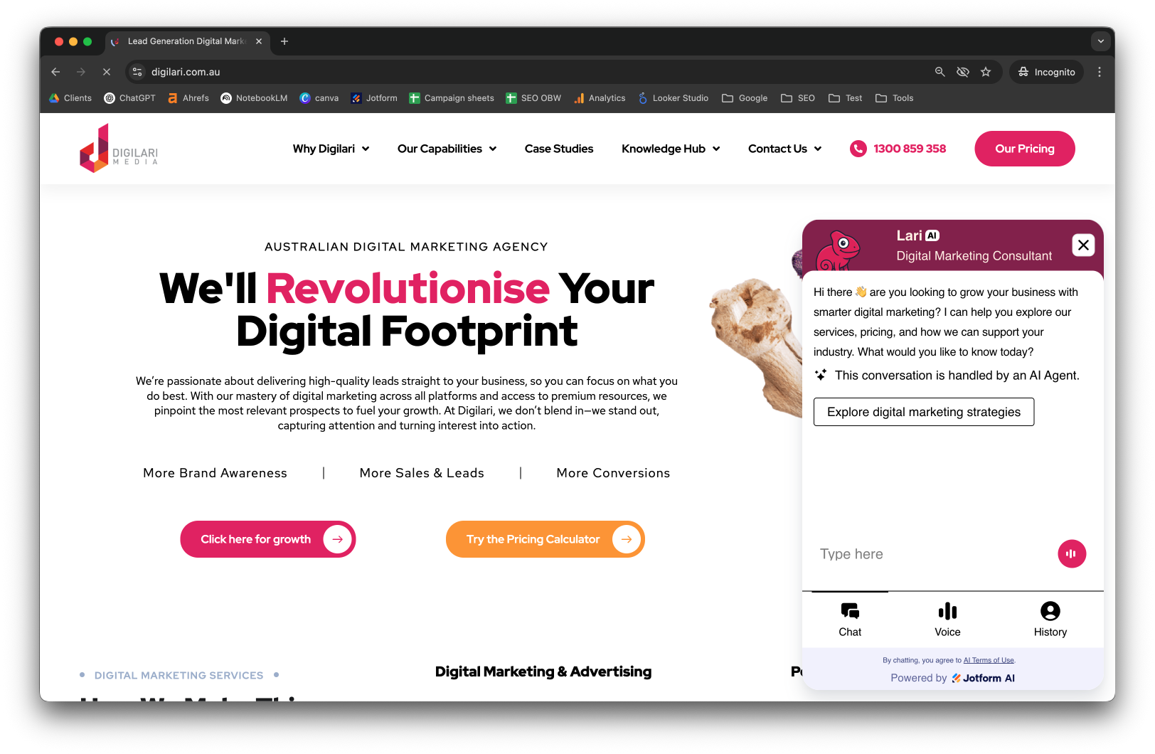 Digilari website homepage with an active AI chatbot offering to help with digital marketing services.
